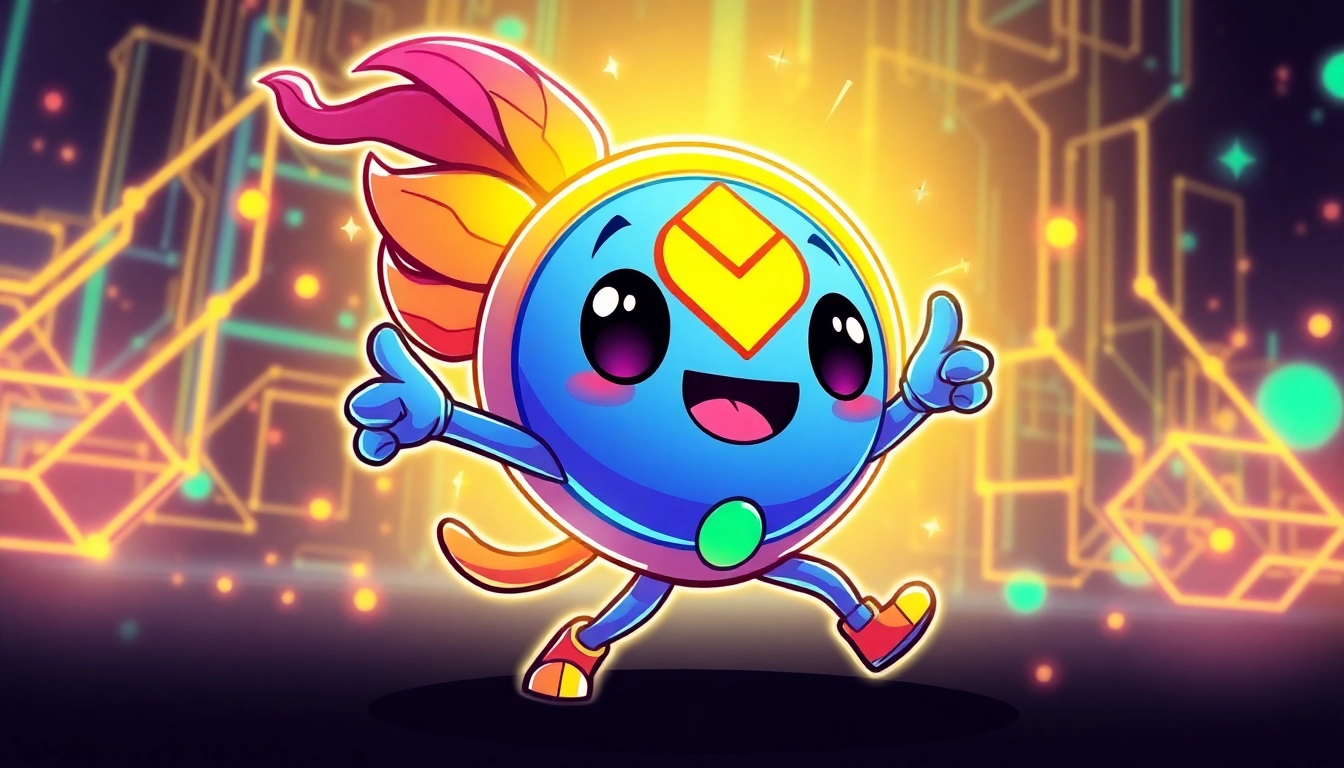 Vibrant Solana Meme Coin promotional graphic featuring mascot and blockchain elements for