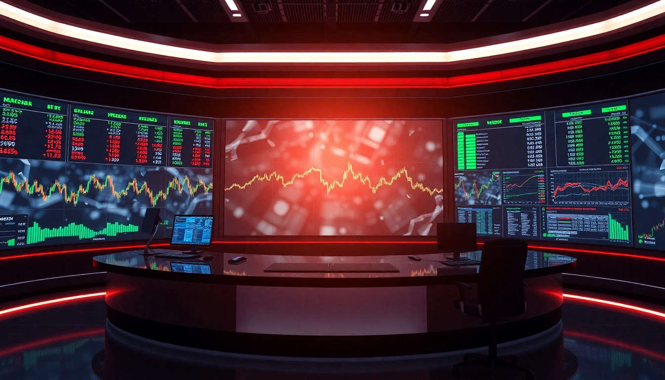 Financial news team analyzing stocks and shares news updates on multiple screens for informed
